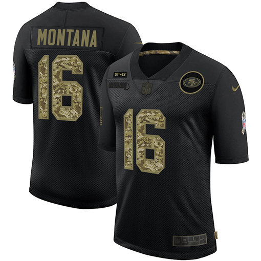 Men's San Francisco 49ers #16 Joe Montana 2020 Black Camo Salute To Service Limited Stitched Jersey